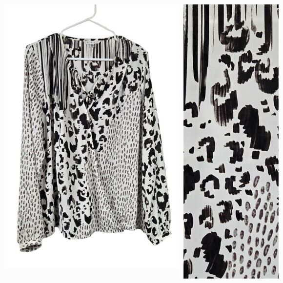 CAbi White Mixed Animal Print Faux Wrap Long Sleeve Blouse Snow Leopard Spots - Picture 1 of 12